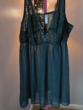 Cacique Green Lace-Trim Sheer Chemise with Lace-Up Front